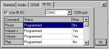 Г) IR RC - Use IR RC - разрешава използване на IR RC. - COM port - Избира сериен порт, където е свързано IR RC. - IR RC commands - програмират се команди, с които се управлява MPdemo.