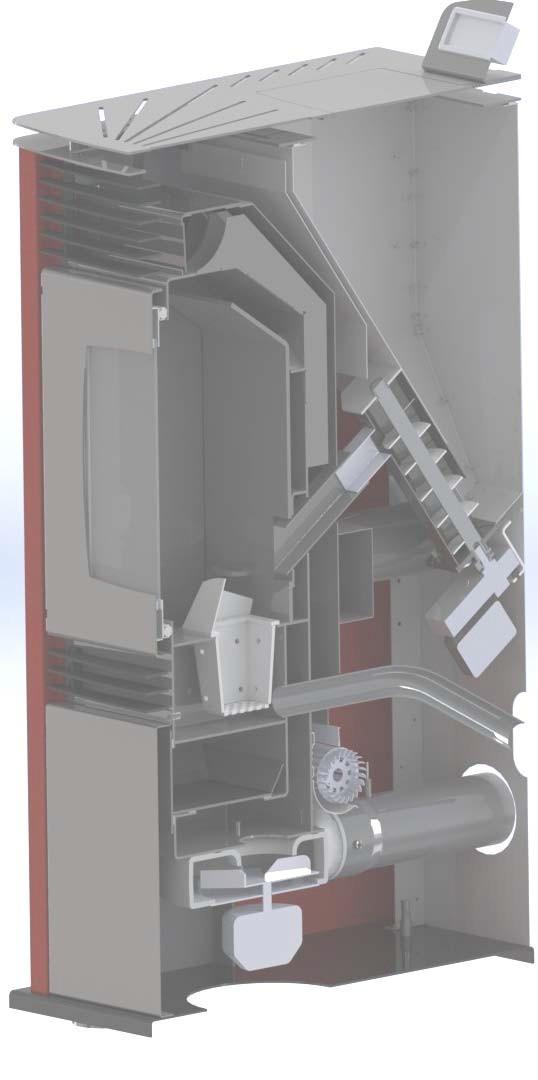 Направляваща плоча гръб на пещната камера Интерфейсен панел на модула за управление Модул за разпределение на подгретия въздух към съседно помещение Бункер за гориво Горивоподаващ шнек Врата на
