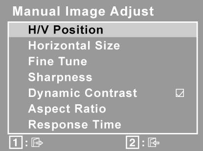 Орган за управление Обяснение Manual Image Adjust (Ръчната настройка на изображението) извежда менюто Ръчна настройка на изображението. H./V. Position (Horizontal/Vertical Position) (Х./В.