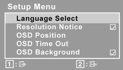 Орган за управление Обяснение Setup Menu (Инсталационното меню) извежда показаното по-долу меню: Language Select (Избор на език) позволява потребителят да избере езика в менютата и контролните екрани.