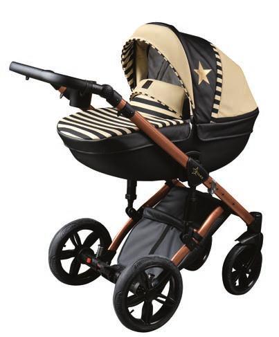 включва алуминиева рама, кош за новородено, летен кош с покривало за крачетата, стол за кола