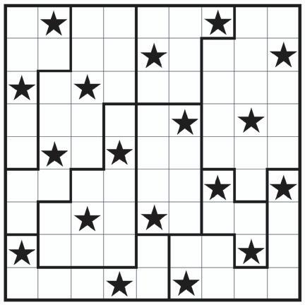 Разположете по две звезди във всеки ред, всяка колона и всяка очертана област. Звездите не могат да се допират даже диагонално.