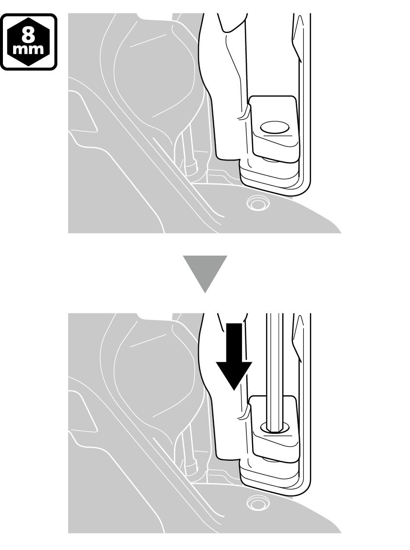 ТЕХНИЧЕСКА ПОДДРЪЖКА 2. Подравнете издатината на гумената подложка А с отвора на водача на веригата. Леко натиснете навътре гумената подложка A с 8 mm шестограмен ключ.