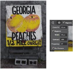 12 Photoshop МАСКИ И КОМПОЗИТИ peaches_sign.jpg С резките краища с груба текстура и хубав контраст табелата за праскови Джорджия от файла peaches_sign.