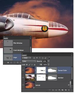 22 Photoshop МАСКИ И КОМПОЗИТИ ФИГУРА 46 Контролирането на това къде да попадне цвета се прави лесно със съществуващата пътечка на външния контур на самолета.