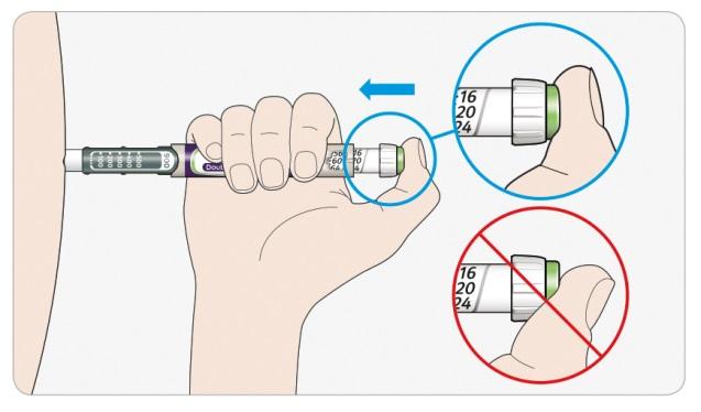 СТЪПКА 5: Инжектирайте Вашата доза Ако Ви е трудно да натиснете бутона за инжектиране, не го насилвайте, защото това може да счупи Вашата писалка. Вижте точка по-долу за помощ.