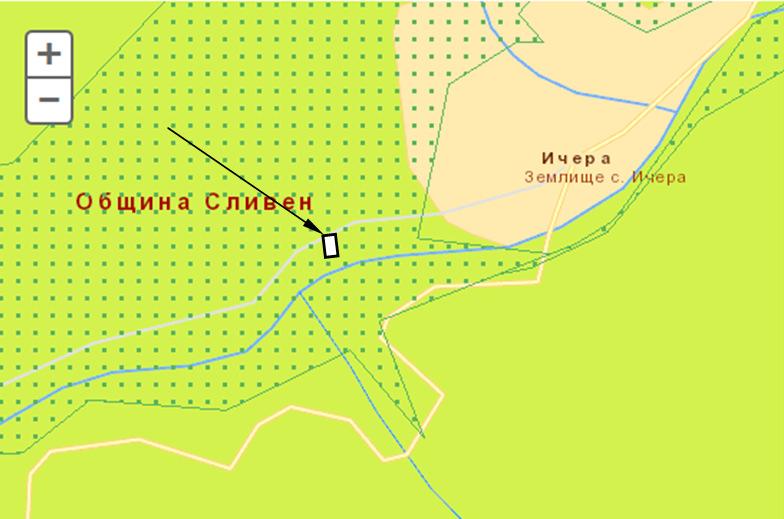 543, местност Бабов харман, землище на с. Ичера, община Сливен (в бял полигон и стрелка към него).