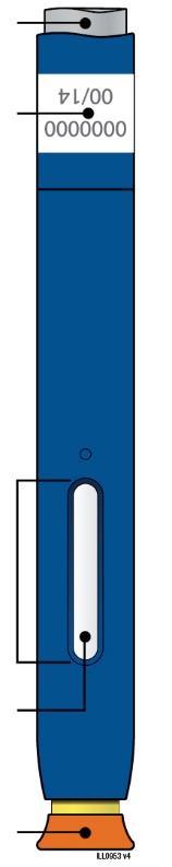 Илюстрация на писалката Aimovig 140 mg (с тъмно синьо тяло, сив бутон за инжектиране, оранжева капачка и жълт предпазител) Преди употреба След употреба Сив бутон за инжектиране Срок на годност Срок