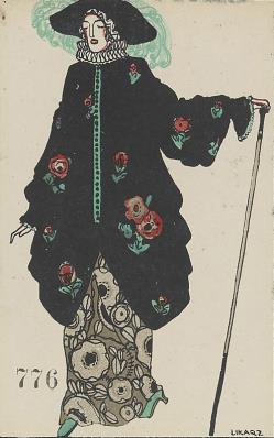Черните обеми напомнят китайското кимоно и създават впечатление, близко до стилизацията в японската гравюра. Гъвкавите линии очертават стройните силуети на моделите.