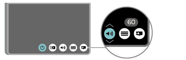 1 - При включен телевизор натиснете клавиша с джойстик на гърба на телевизора, за да извикате базовото меню. 2 - Натиснете ляво или дясно, за да изберете Сила на звука, Канал или Източници.