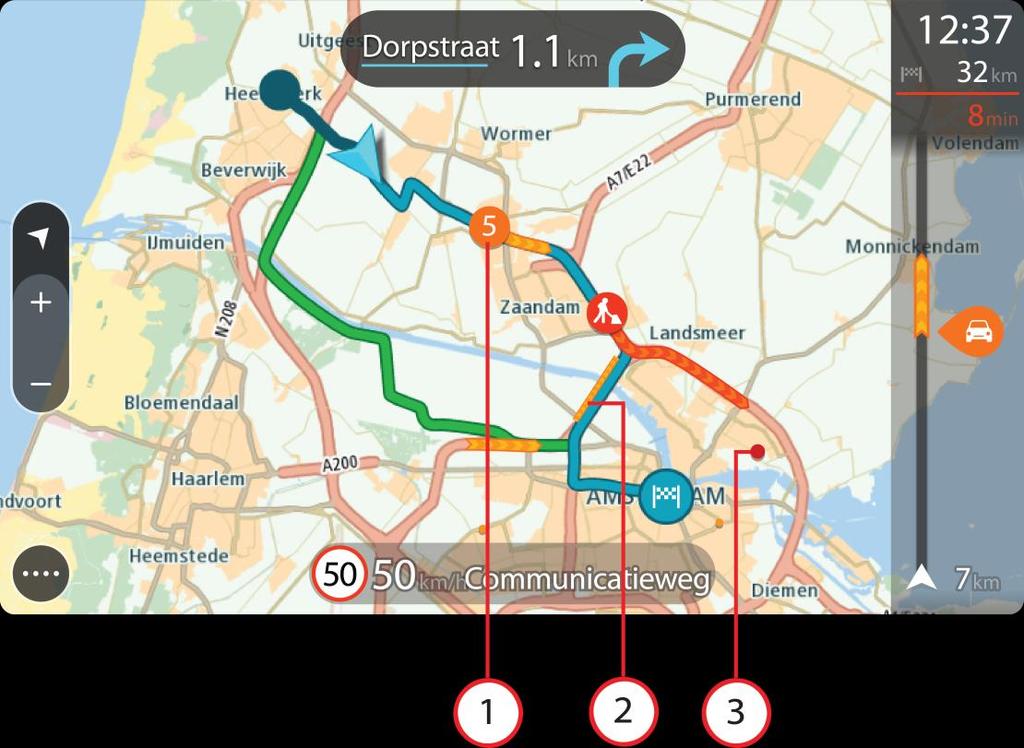Преглед на трафика на картата Пътните инциденти се показват на картата.