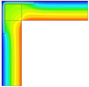 Фиг. 14. Детайл A13. Ъгъл от клетъчен бетон с колона и топлоизолация, 2x50 cm схема и изотерми Таблица 3.