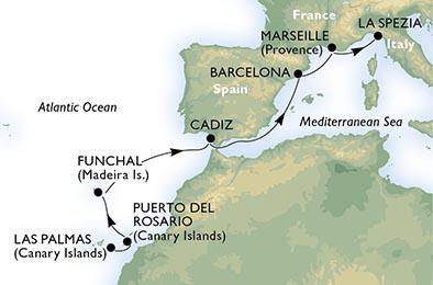 9 - нощувки от Лас Палмас до Ла Специя Испания, Португалия, Франция и Италия Кораб: MSC Armonia 1 Sat 11 Apr Las Palmas de G.Canaria.
