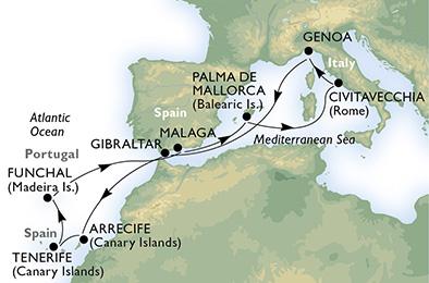 12- нощувки от Генуа ИТАЛИЯ, ГИБРАЛТАР, ИСПАНИЯ И ПОРТУГАЛИЯ Кораб: MSC Sinfonia 1 Tue 31 Mar Genoa... 16:00 2 Wed 01 Apr At Sea...... 3 Thu 02 Apr Gibraltar 17:30 22:30 4 Fri 03 Apr At Sea.