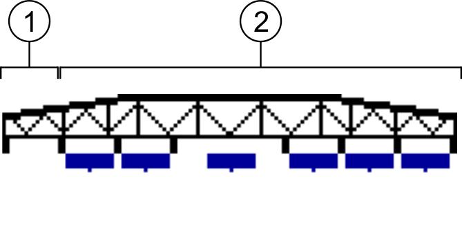 Основни положения на обслужването Конструкция на екрана 5 Зона индикация на щангата - пример 2 Секция 1 Изключена е. Секции 2 до 7 Избрани са предварително, но не се извършва пръскане.