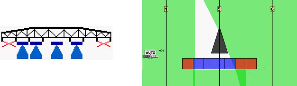 В следващото изображение ще видите как се изобразяват състоянията на секции, когато се обработват клинове в полето, а потребителят предварително е деактивирал външните секции чрез ME джойстика.