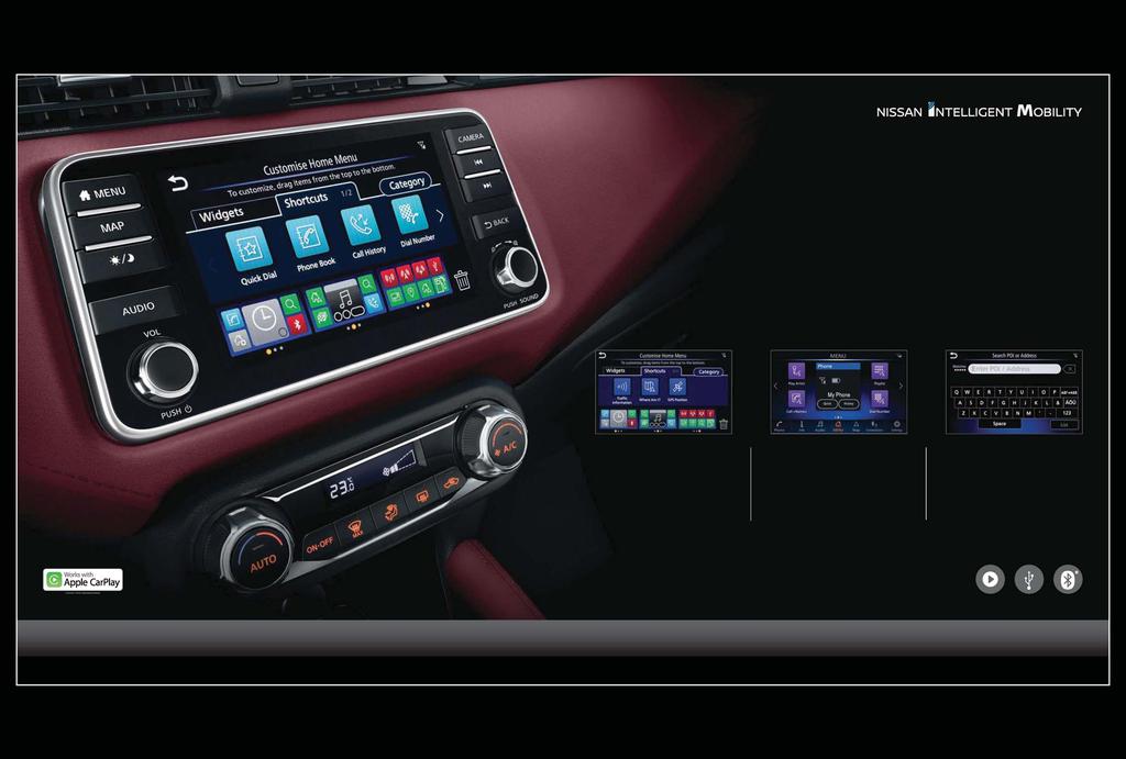 NISSANCONNECT ВАШИЯТ СВЯТ Аудио и навигационната система на Nissan от ново поколение се предлага с интеграция на смартфон, Bluetooth комуникация със свободни ръце и различни приложения.