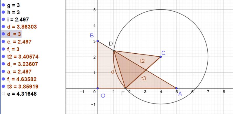 Решение. На Фиг. 7.9.1 величината t3 е лицето на триъгълника ADF, d е лицето на кръговия сектор CDF, а t2 е лицето на триъгълника CDF. Тези величини са намерени чрез използване на бутоните и.