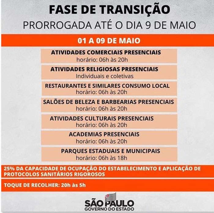 São Paulo para todo o estado por mais uma semana, até o dia 9 de maio.