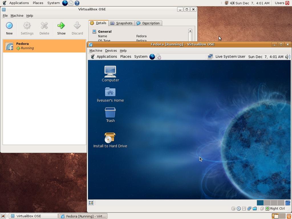 Пример Fedora Linux стартиран във виртуална машина