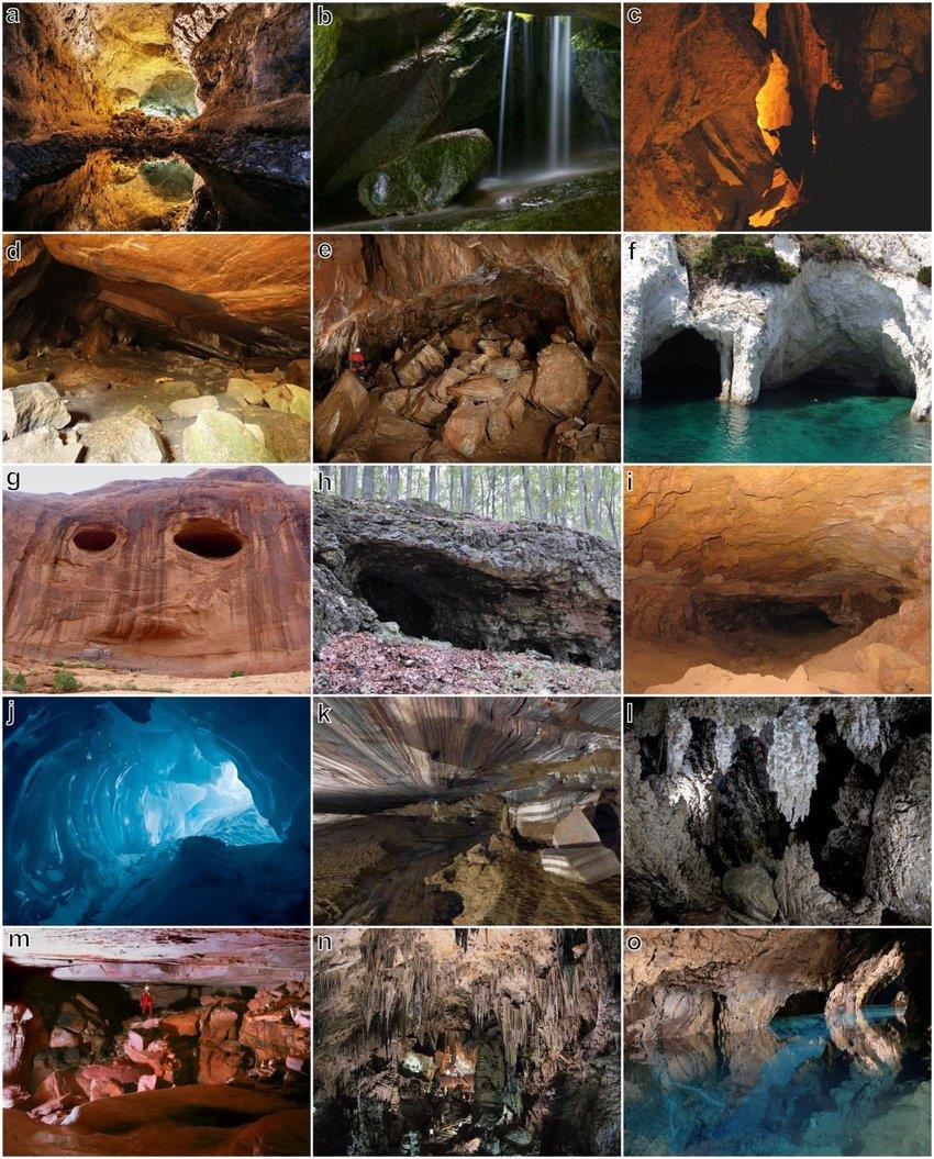 (a) Volcanic cave (Cueva de los Verdes, Lanzarote, Spain). (b) Talus cave (Tiny Falls caves, Washington, USA). (c) Fisure cave (Goetz Höhle, Germany). (d) Neotectonic cave (Torkulla Kyrka, Sweden).