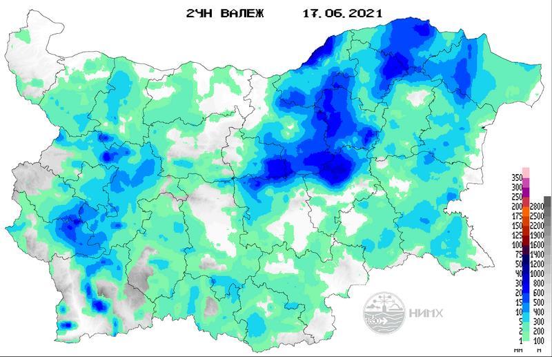 Хидрологична информация Анализ на денонощната сума на валежа от 7:30 ч. на 16.06.2021 г.