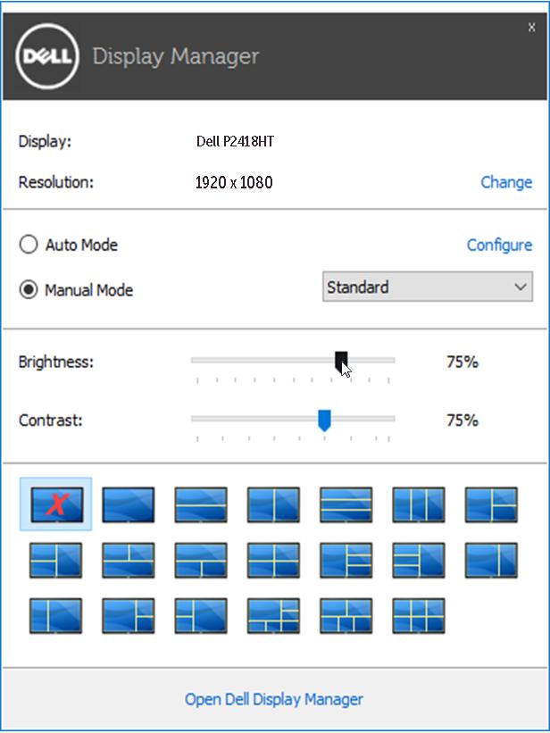 Използване на диалогов прозорец за бързи настройки Щракването върху областта за уведомяване на Dell Display Manager отваря диалогов прозорец Quick Settings (Бързи настройки).