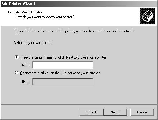 3. Изберете Network printer (Мрежов принтер) (за Windows 2000) или A network printer, or a printer attached to another computer (Мрежов принтер или принтер, свързан към друг компютър) (за