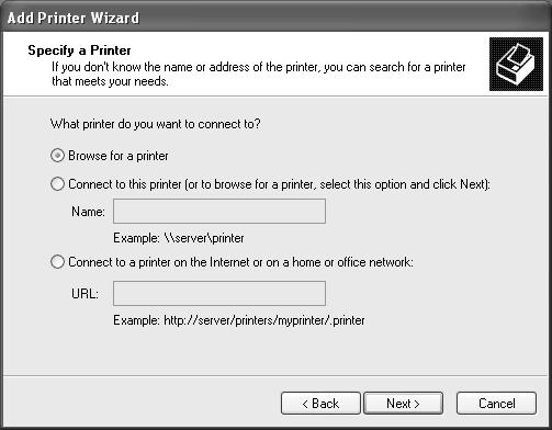 За Windows 2000 изберете Type the printer name, or click Next to browse for a printer (Въведете името на принтера или щракнете върху Напред, за да прегледате за принтер), след това щракнете