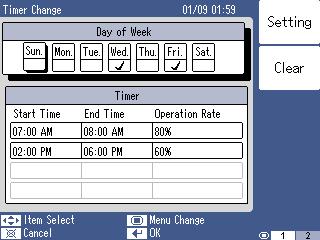3333333333 Timer Change Промяна на таймер zзадава ден от седмицата. Натиснете бутона [ ] и изберете Day of week, който искате да зададете. [Setting (F1)]: Активира настройката.