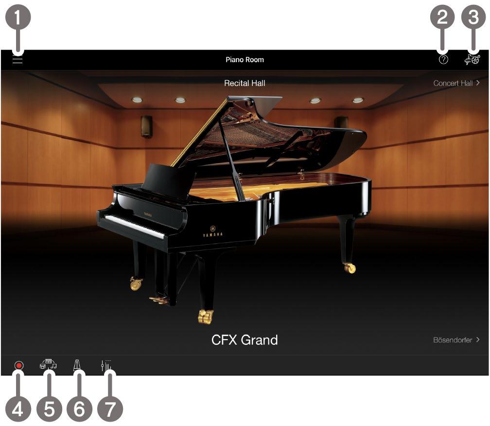 Използване на Smart Pianist Наличните функции на Smart Pianist се различават в зависимост от свързания инструмент и само функциите, които могат да се използват, се показват в екрана на Smart Pianist.