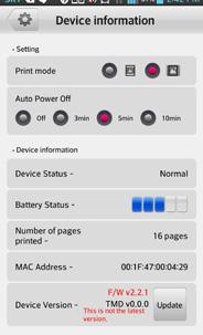 Стартирайте приложение LG Pocket Photo на Android телефона. (За да проверите [Device information], нагласете на [On] Bluetooth на смартфона.) 2. Отидете на [Setting]. 3.