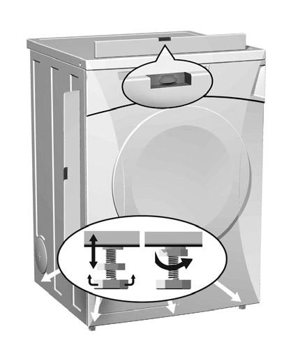 Нивелирайте сушилната машина с въртене на регулируемите крачета в диапазона от +/- 1 см. Повърхността под уреда трябва да бъде суха и чиста за да няма възможност уреда да се плъзга.