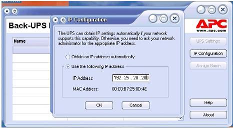 9. Ако няма DHCP услуги по мрежата или искате да присвоите лесно запомнящ се IP адрес, можете да присвоите ръчно IP адрес UPS-a като щракнете върху бутон IP Configuration.