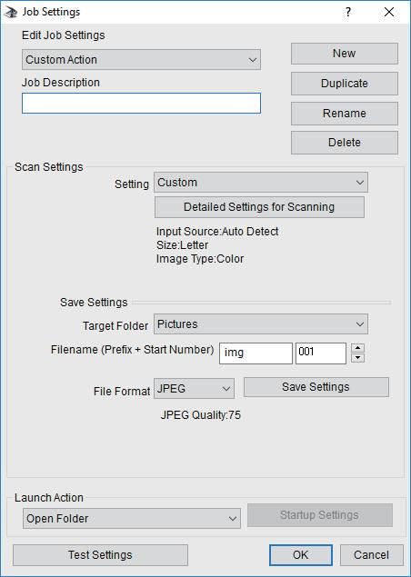 Сканиране 4. Задайте настройките за сканиране в екрана Job Settings. Edit Job Settings: Изберете Custom Action. Setting: Сканирайте, като използвате най-добрите настройки за избрания тип оригинал.
