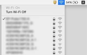 Проверете името на свързаната SSID от Mac OS X Щракнете върху Wi-Fi иконата в