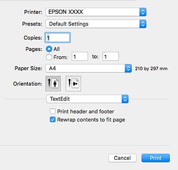 Печат & Зареждане на хартия в Касета за хартия на страница 48 & Списък с типове хартия на страница 47 Основни функции на отпечатването Mac OS X Обясненията в раздела използват за пример TextEdit.