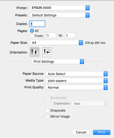 Печат 5. Изберете Настройки за печат от изскачащото меню. При Mac OS X v10.8.x или по-нова версия, ако менюто Настройки за печат не е показано, драйверът на принтера Epson не е инсталиран правилно.