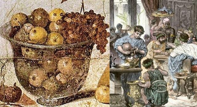 като варварско питие. По-заможните римляни на обяд могли да си позволят да похапнат плодове, месо или риба.