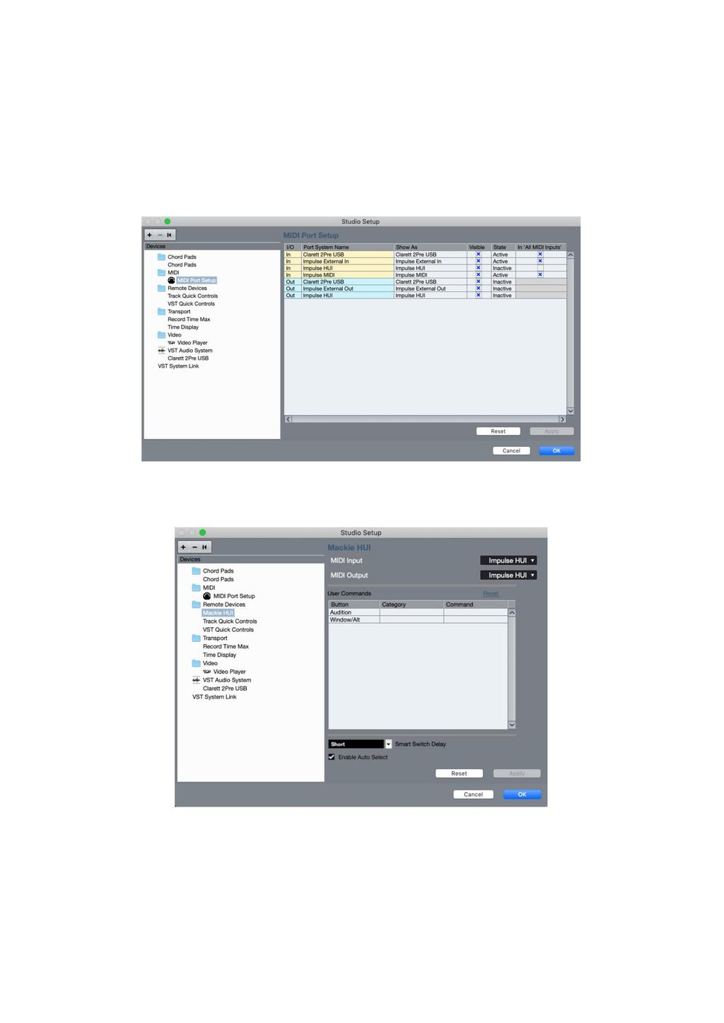 Настройка на DAW Cubase За да настроите Impulse като HUI контролна повърност в Cubase, отворете Студио > Настройка на студио > Настройка на MIDI порт.