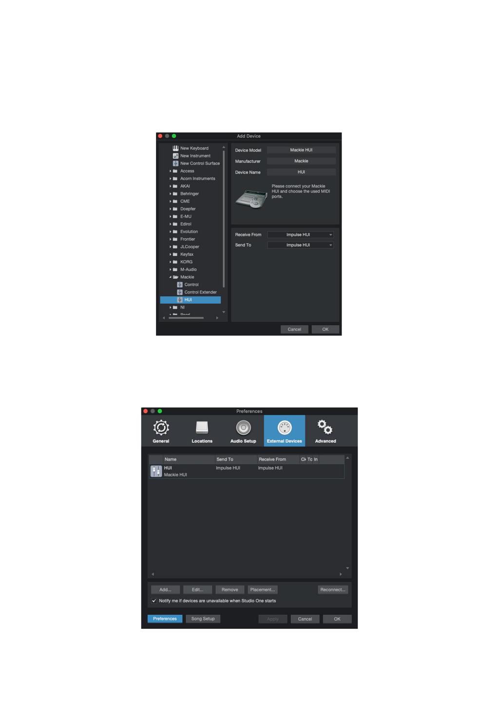 Студио едно За да настроите Impulse като HUI контролна повърност за Studio One, отворете Предпочитания > Външни устройства и щракнете въру Добавяне, за да добавите ново устройство.