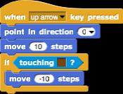 [Стъпка 1] Даден е фонът, а също и спрайт-момиче с код за движение с клавиши и условен блок с условие за докосване на кафявата линия.