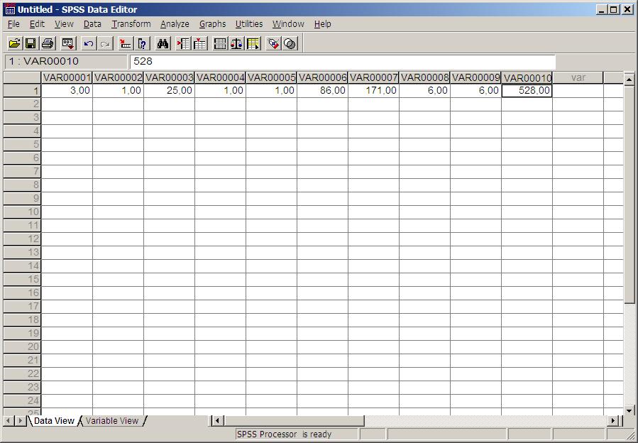 Стъпка 1: В празното поле на Data Editor>Data View се въвеждат данните за всички 10 променливи на първия респондент.