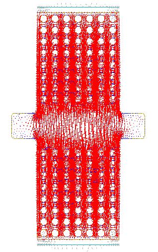 Поток на напреженията при натоварване. Червените линии са главни натискови напрежения, с техните направления, а сините са опънни.
