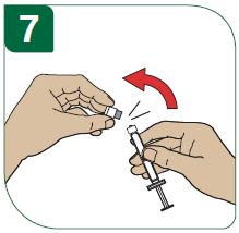 7 - Извадете предварително напълнената спринцовка от опаковката й. Отчупете и изхвърлете върха на спринцовката.