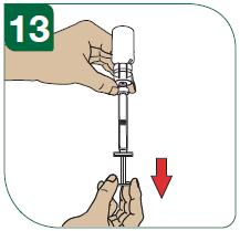 13 - Завъртете свързаните спринцовка и флакон надолу, така че флаконът да е отгоре.