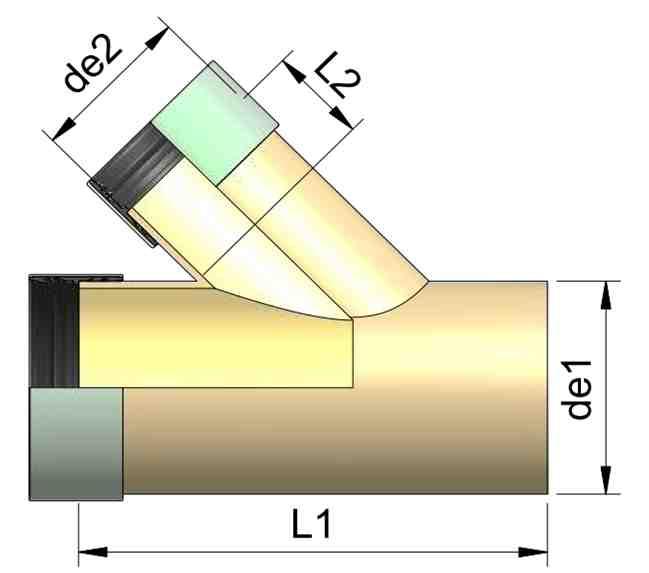 Y-разклонител (събирател) DN 800-1600 С03 ФИТИНГИ Свръзката с другите материали става посредством съответните преходни муфи, по стандарт се предлагат ъгли от 45 и 60 - производство на други ъгли по