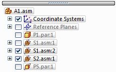 Можете да използвате контролните кутии близо до монтажните компоненти в PathFinder за да контролирате показването на компонент или команди от бързото меню когато са избрани един или повече компоненти.