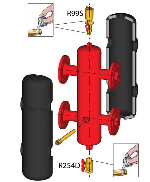 8) След като всички компоненти са монтирани, сепараторът трябва да се сглоби вертикално положение, с вентила за обезвъздушаване, поставен върху горния дистанционен елемент, и свързани в съответствие