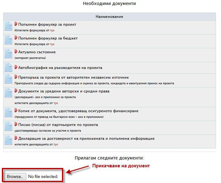 Фиг. Прикачване на документ - Прикачването става от бутон Browse ( Разлисти, ако браузърът е на български език).